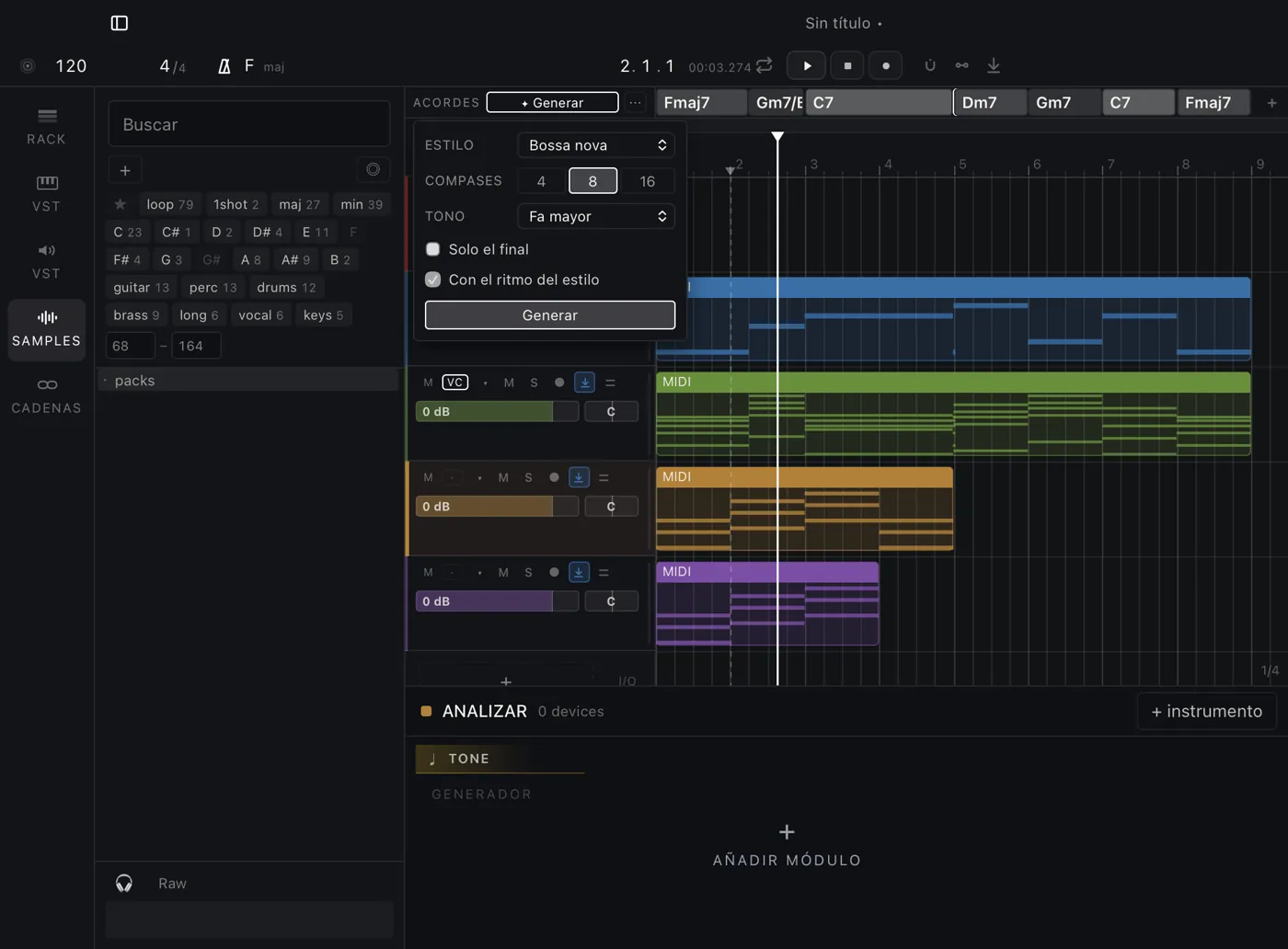 The DAW chord strip generating a progression