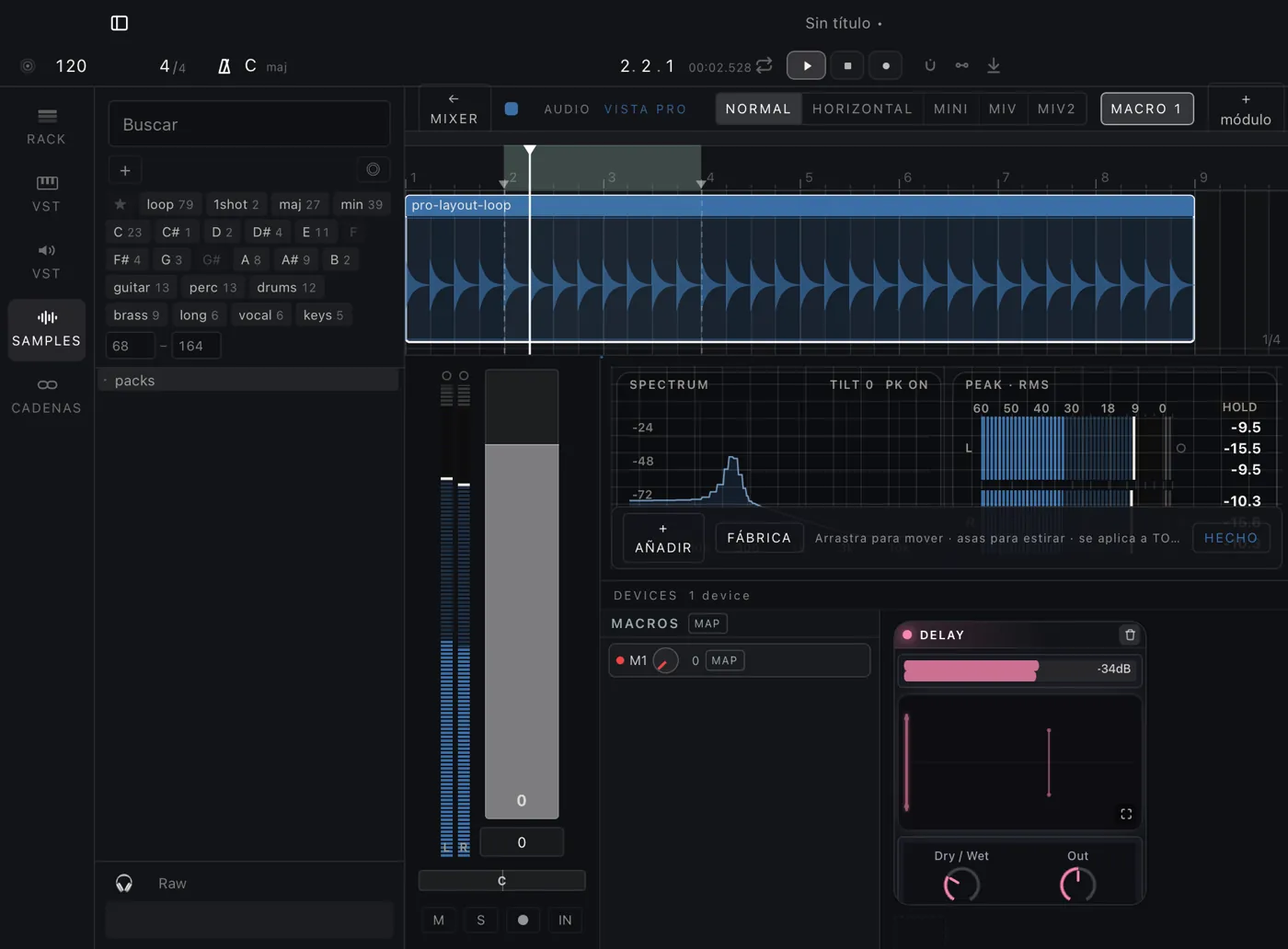 The DAW arrangement with the sound library, the mixer and the meters