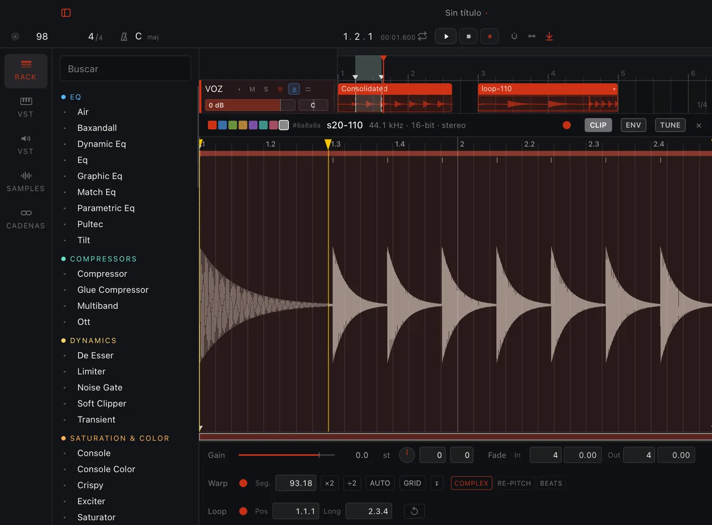 The DAW waveform editor with warp and the effect chain